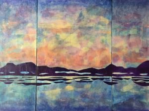 "Dawn/Dusk," Acrylic and Collage on Paper and Panel Triptych